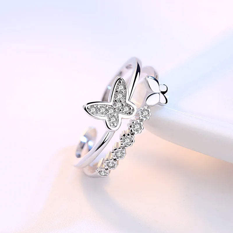 Close-up of the sterling silver butterfly ring with zircon details