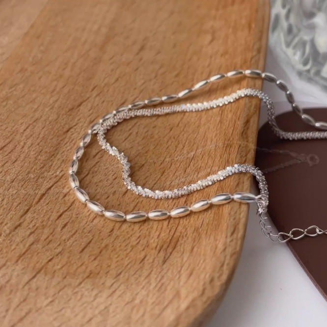 Matching 925 Sterling Silver Double Layer Chain Bracelet and Necklace Set