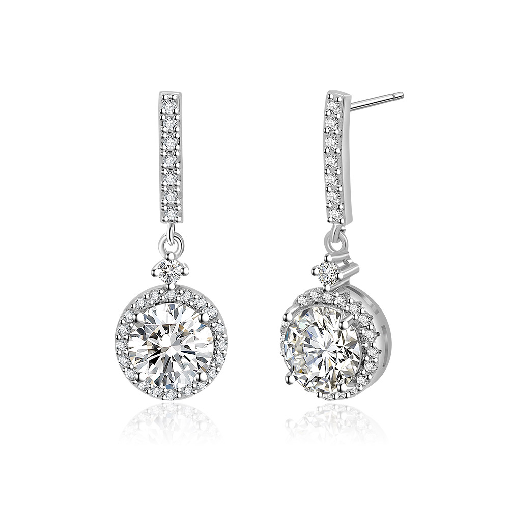 Detailed view of the White CZ Round Drop Earrings dangle design
