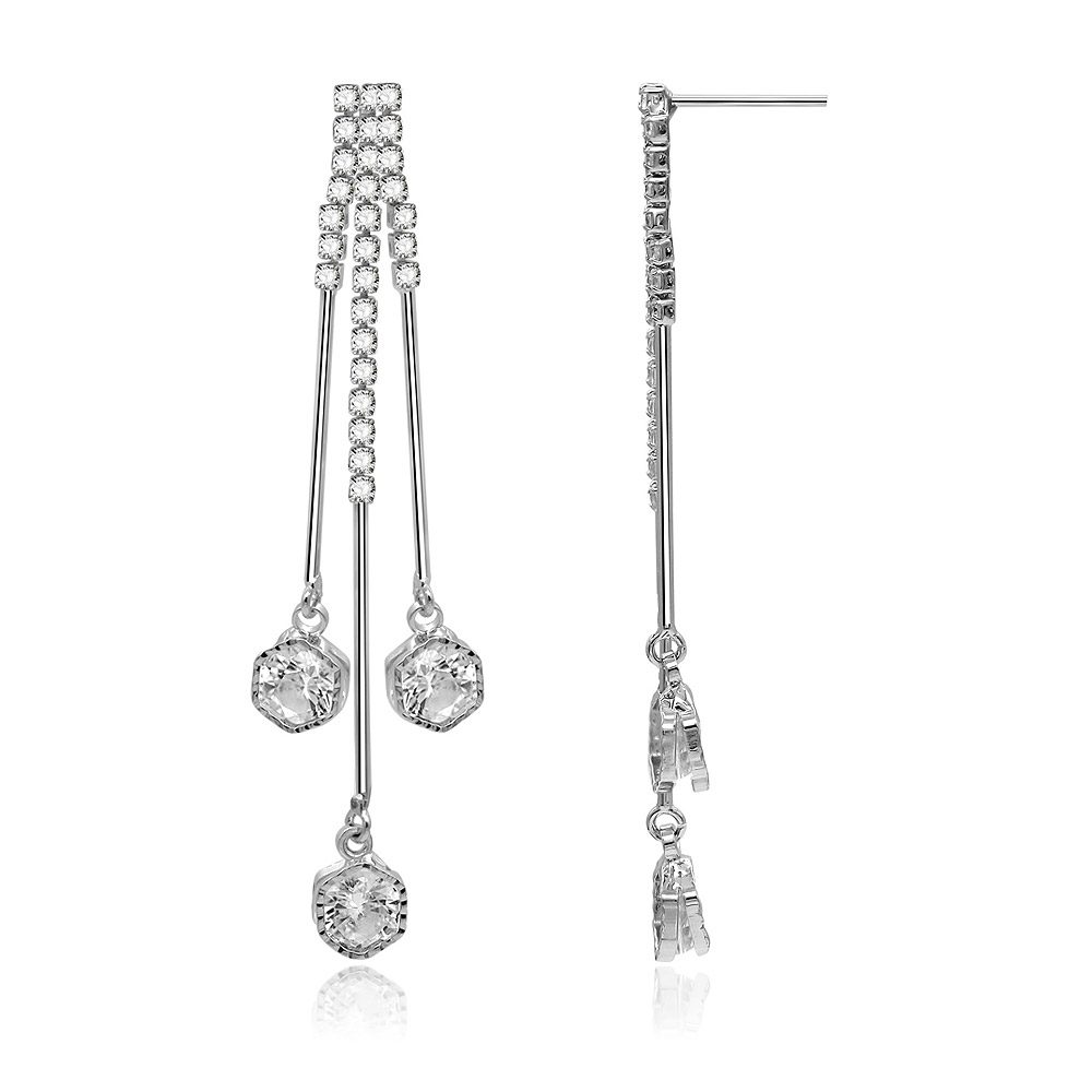Detailed view of the Triple Clear Round Drop Earrings