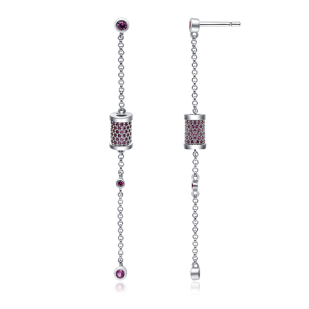 Detailed view of the Elegance Linear Dangle Chain Earring with purple gemstones