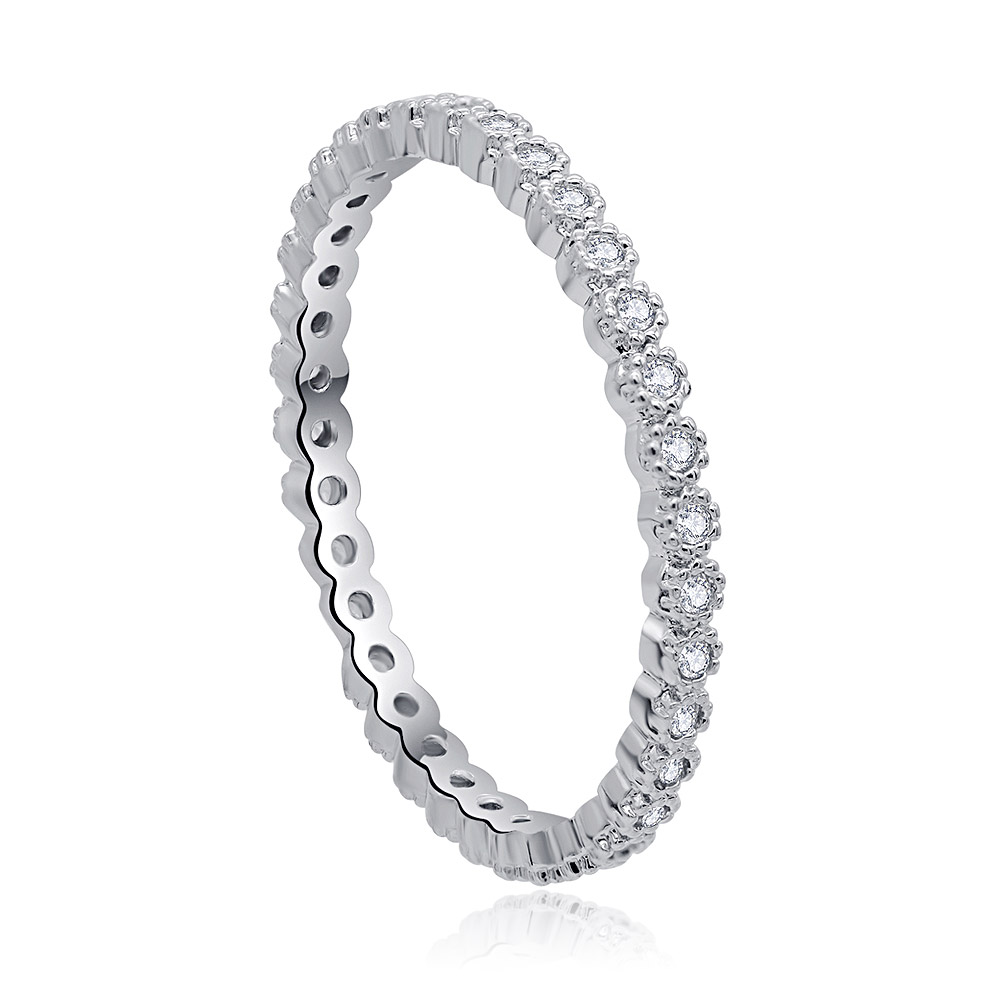 A detailed close-up of the pave-set cubic zirconia on the Tiny Wheat Eternity Ring