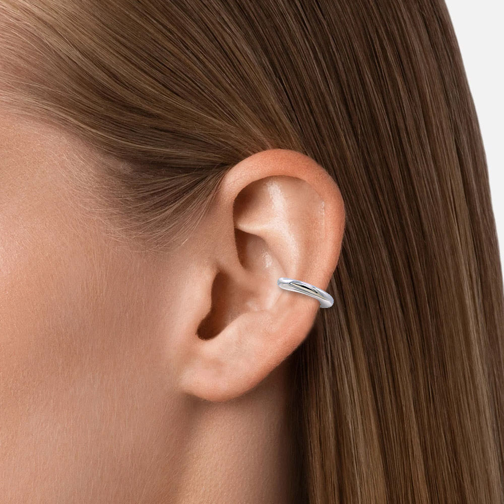 Model wearing the silver plated ear cuff to show its fit and style
