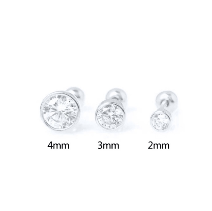 Size comparison of 2mm, 3mm, and 4mm round white cubic zirconia stud earrings in a silver finish.
