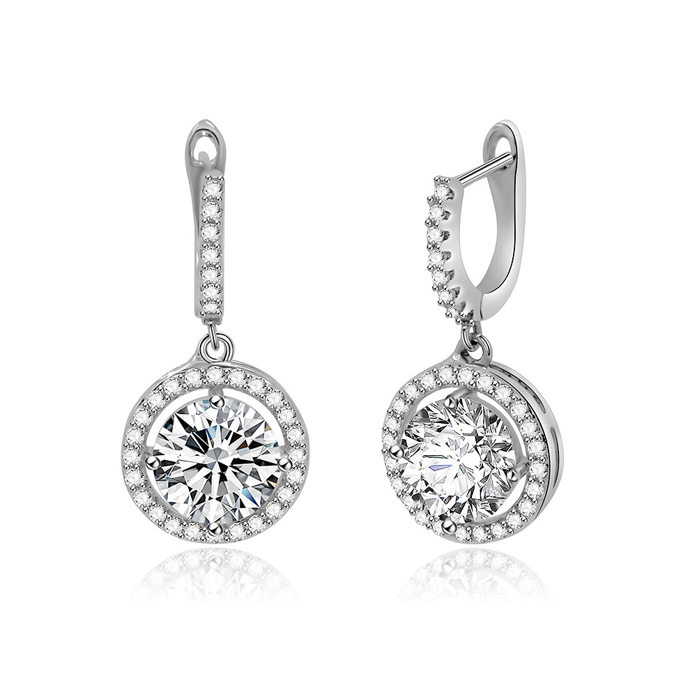 A pair of Clear CZ Halo Round Drop Earrings showcasing their brilliant cubic zirconia stones
