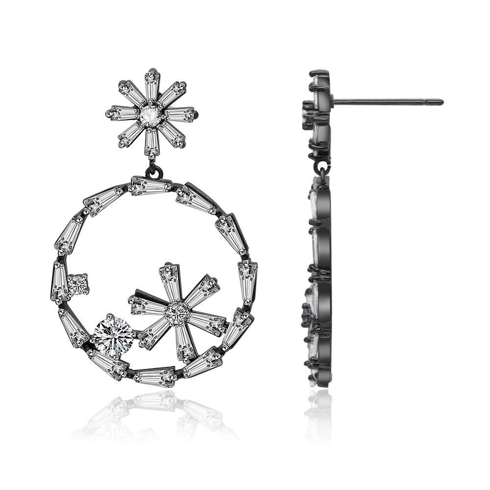 Close-up of the intricate crystal arrangement on the Floral Black Hematite Plating Earrings