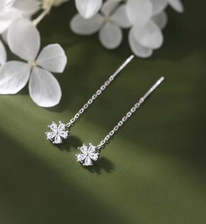 Detailed view of the sterling silver flower earring with cubic zirconia.