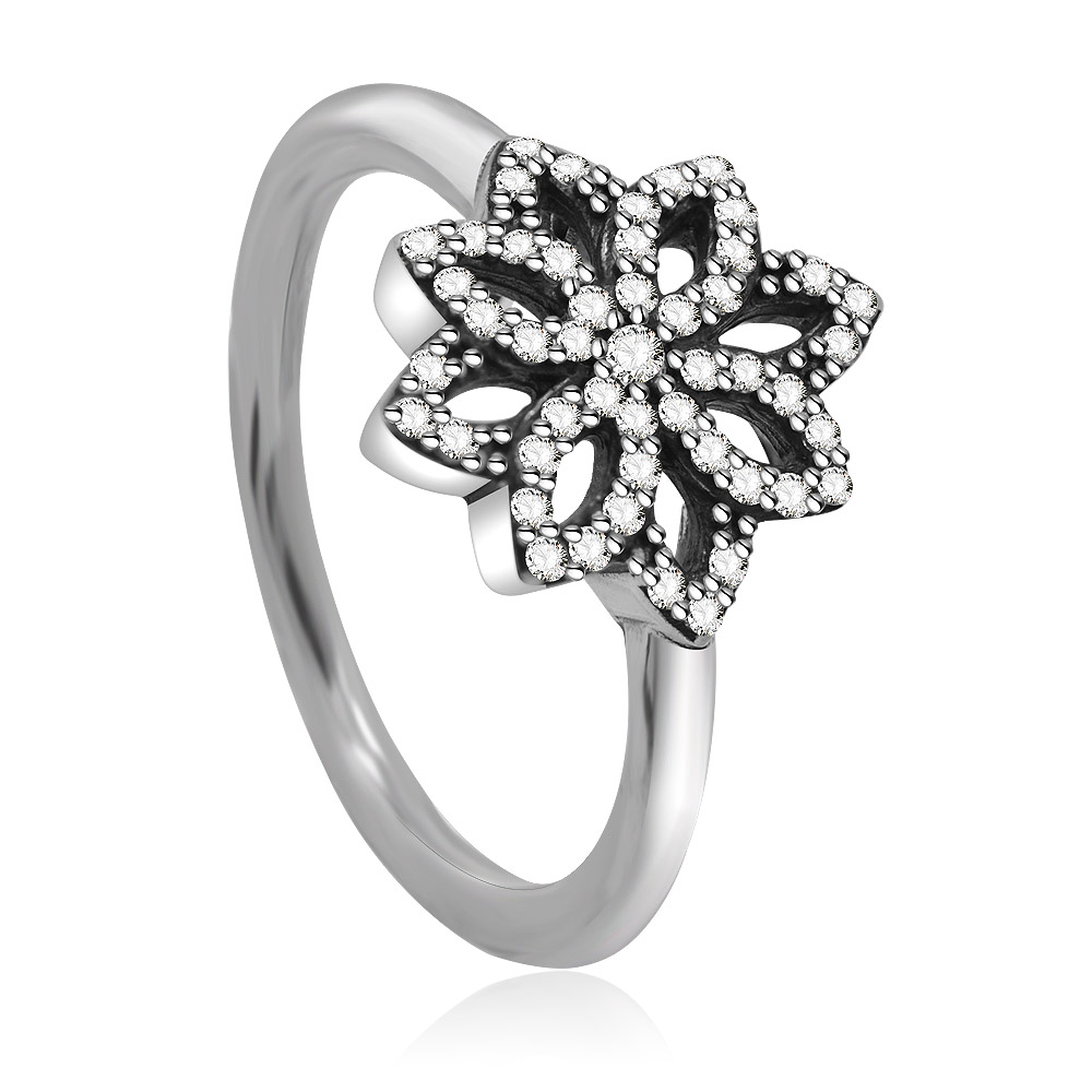 Detailed side view of the Snowflake Ring's setting.