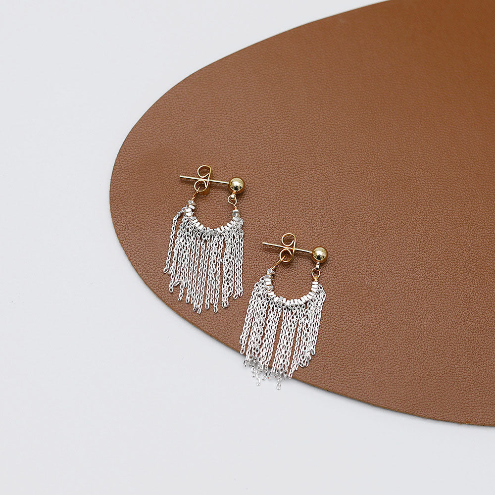 Detailed view of the silver tassel earrings' fringe design