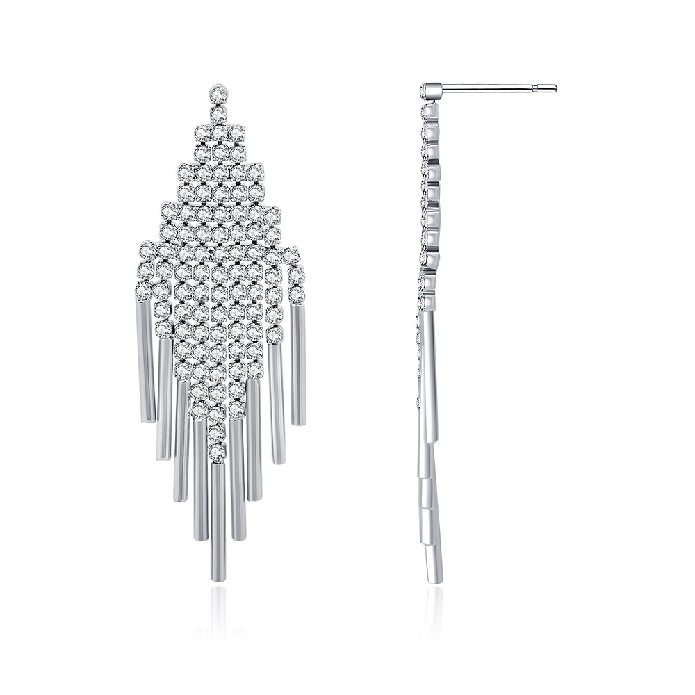 Detailed view of the crystal fringe on the earrings