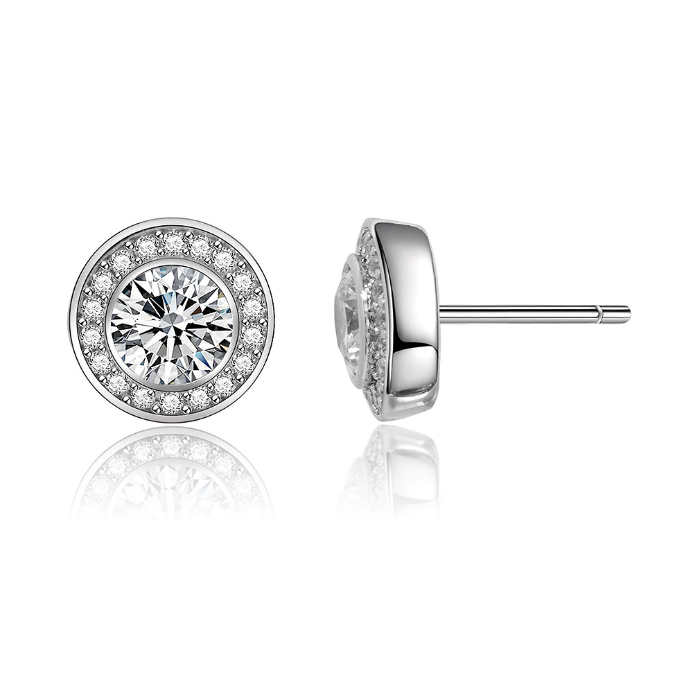 A detailed view of the halo design on the White Zirconia Disc Earring Studs