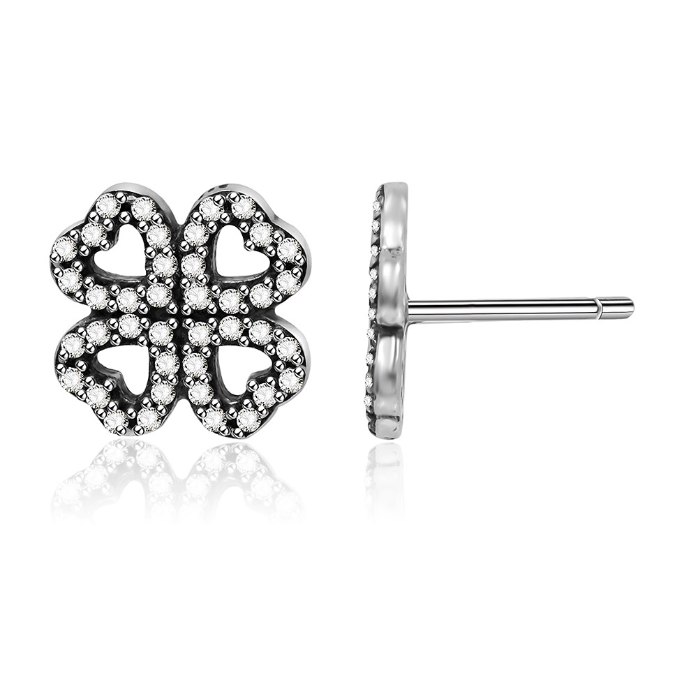 Detailed view of the silver stud hydrangea earring, showing the four-leaf clover design with heart-shaped leaves.