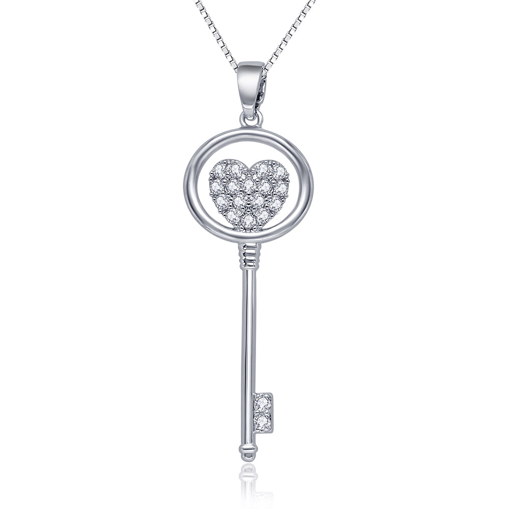Close-up of the heart key pendant with sparkling cubic zirconia