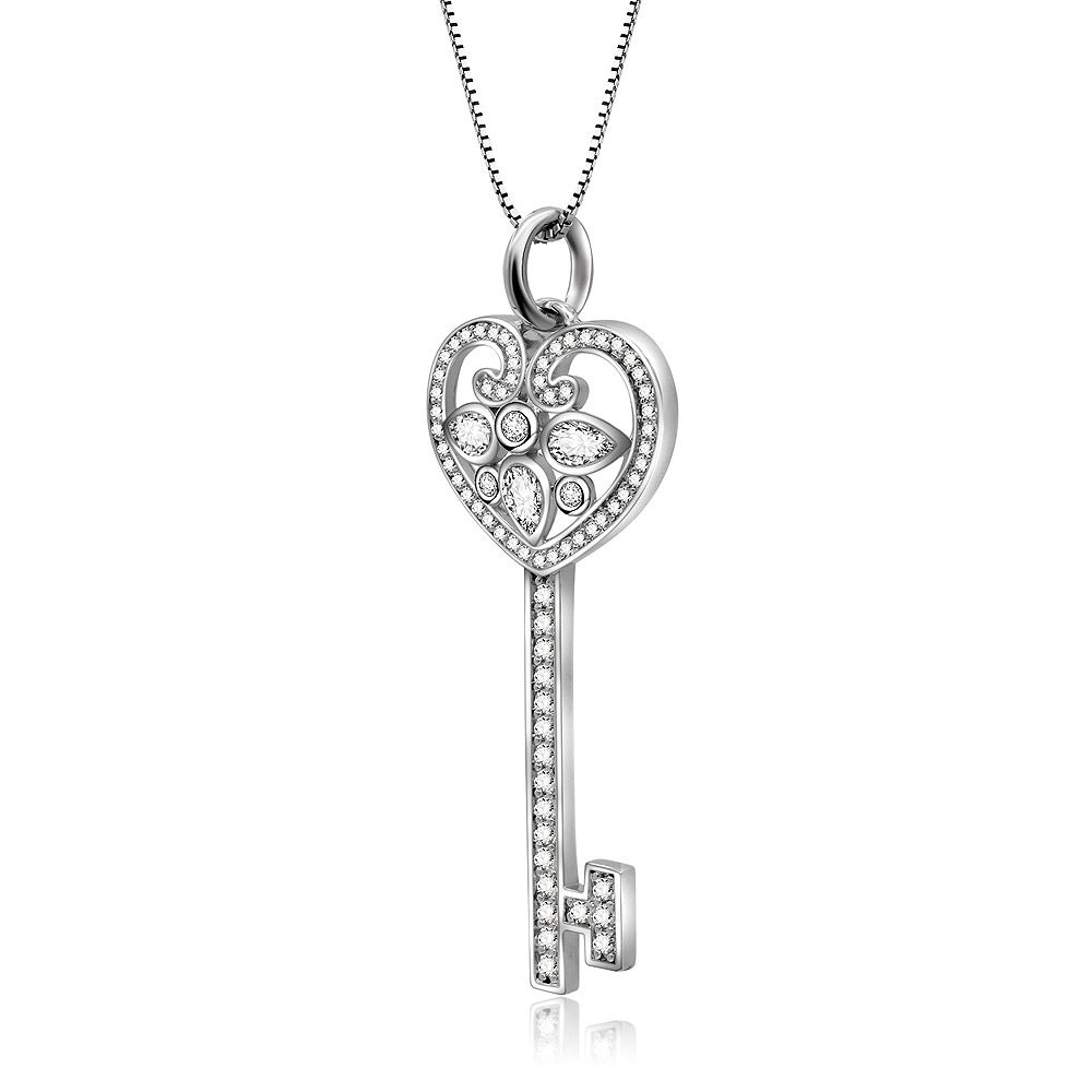 Full view of the silver heart key pendant necklace with diamonds, displayed against a clean white background.