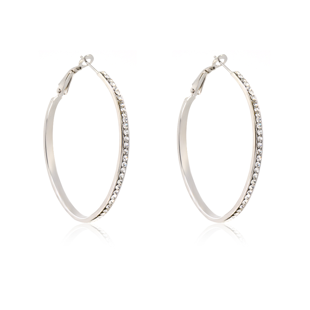 Side view of the Rhodium Hoop Crystal Oval Earrings showing the clear stones