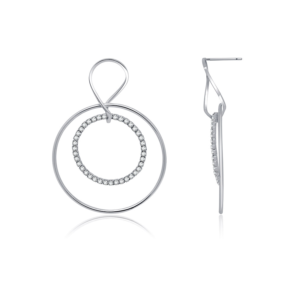 A detailed view of the CZ circle drop earrings showing the movable charm and crystal setting.
