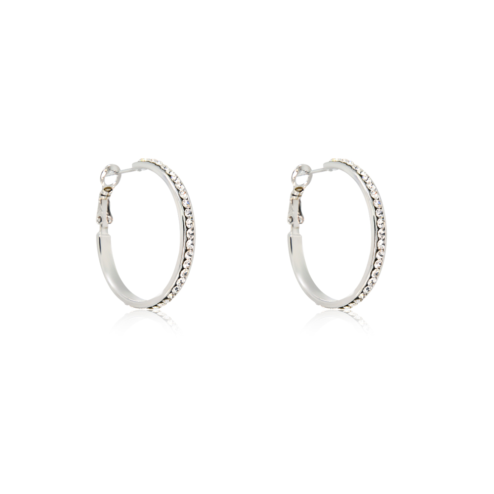 Side view of the silver hoop earrings with diamond encrustation, model FEQ01-R-C-00210