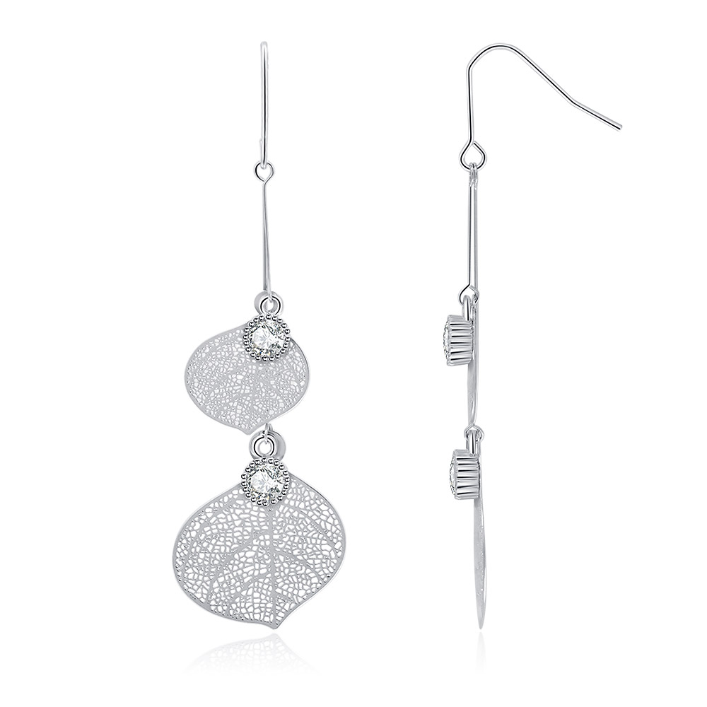 A detailed side view of the Cubic Zirconia Leaf Vein Dangle Earring
