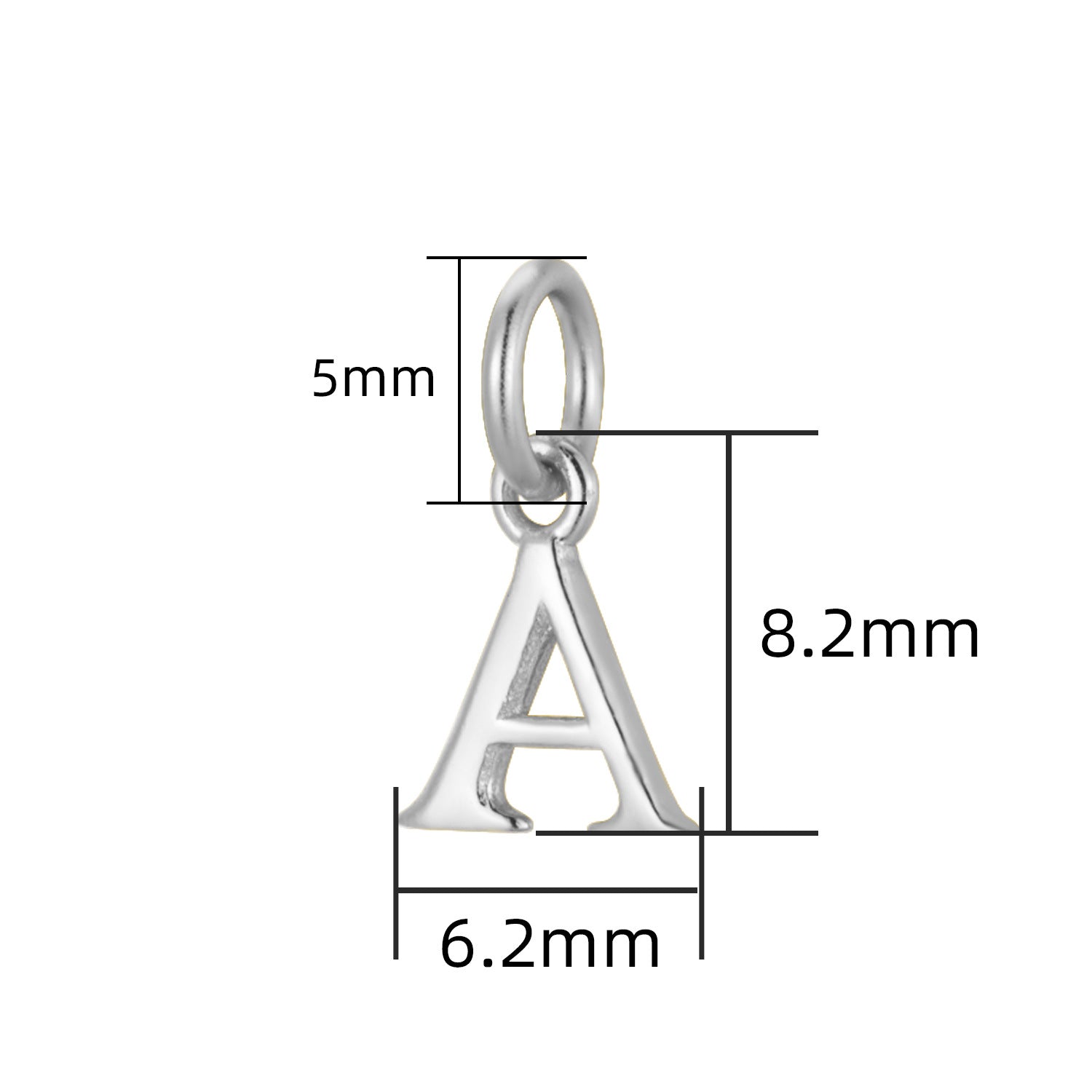 Detailed diagram showing the dimensions of a silver letter 'A' pendant, including loop height, width, and total height.