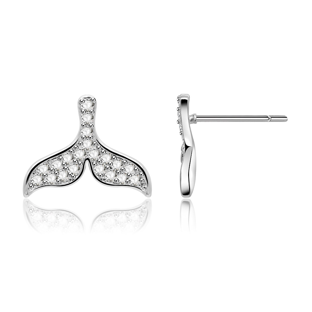 Detailed view of the whale tail CZ stud earrings on a white background