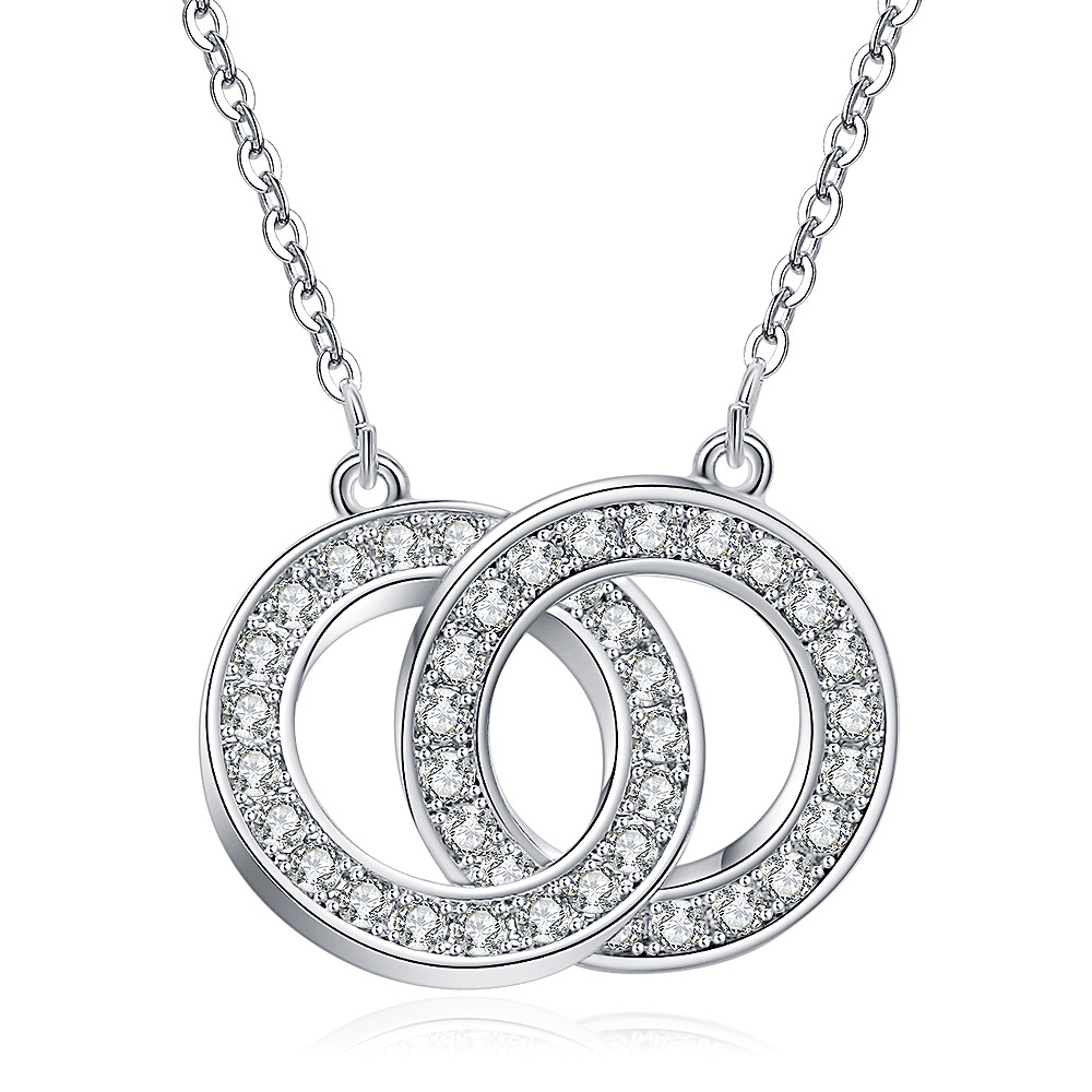 Close-up view of the Interlocking CZ Circles Necklace pendant