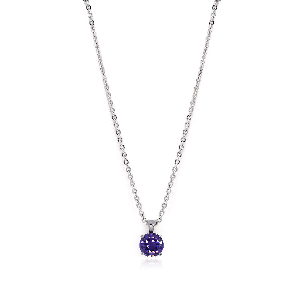Close-up of the Classic Solitaire Prongs Set Purple CZ Necklace