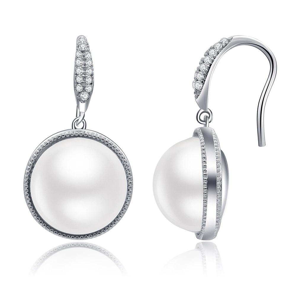 A detailed view of the Imitation Pearl Drop Hook Earrings showing the CZ stones on the hook.