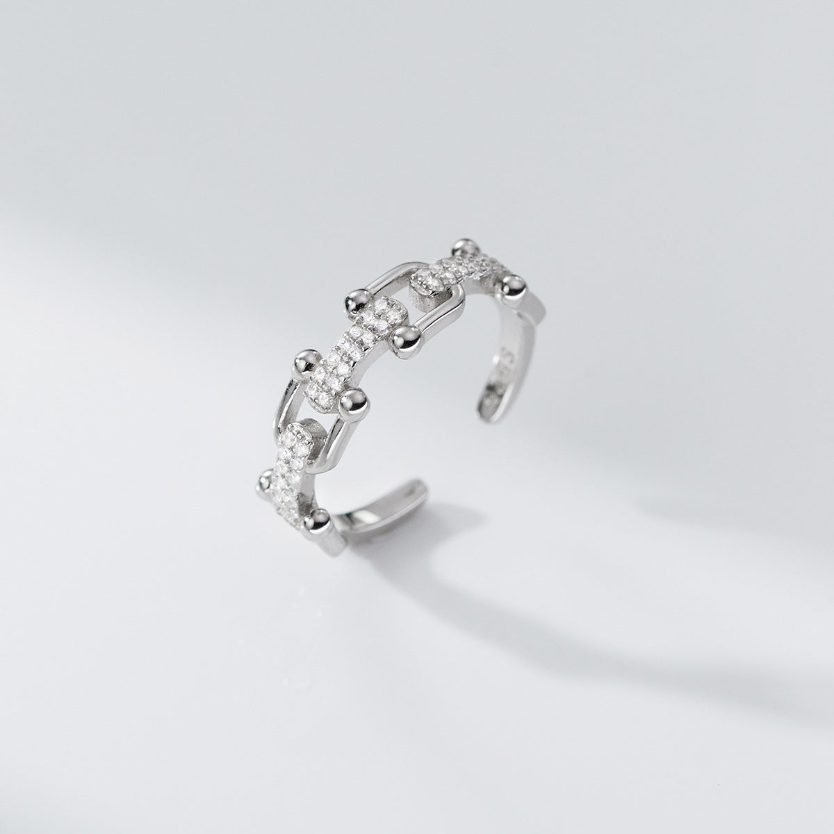 A uniquely designed sterling silver ring with pave stones from the 5-piece set.