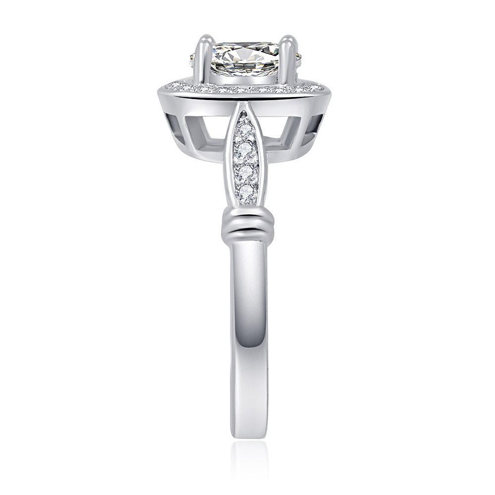 Angled view of the sparkling Cushion Cut Halo Ring
