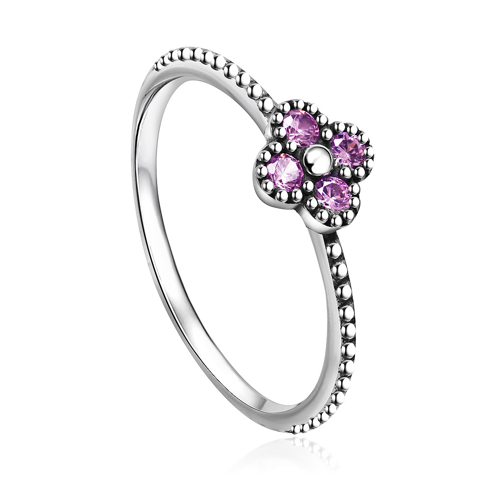 Front view of the 925 Sterling Silver Plated Pink CZ Ring with flower design
