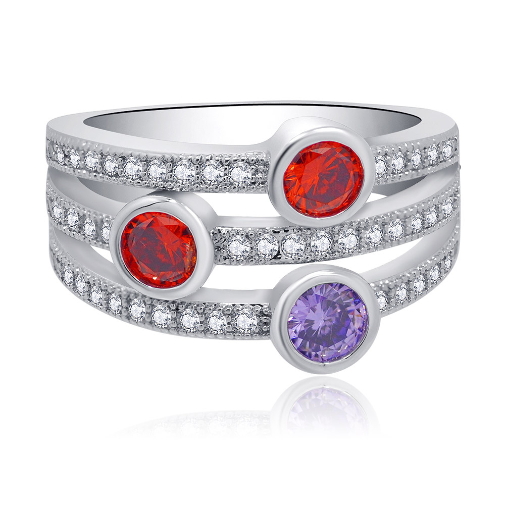 Detailed view of the Multi-Gemstone Bubble Ring's bezel setting and diamond accents