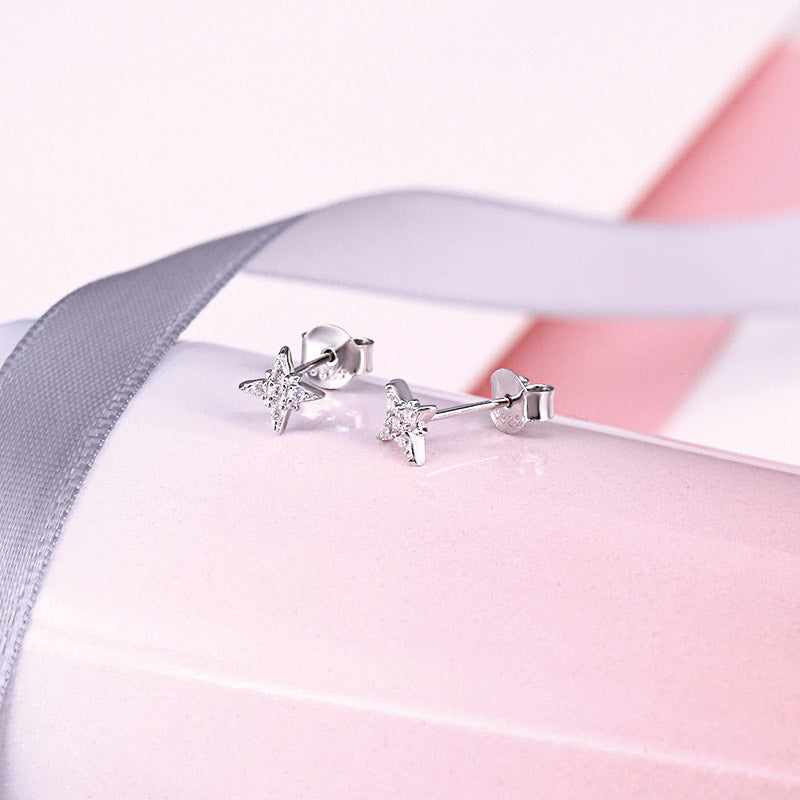 The octagram star stud earrings in a beautiful silver finish.