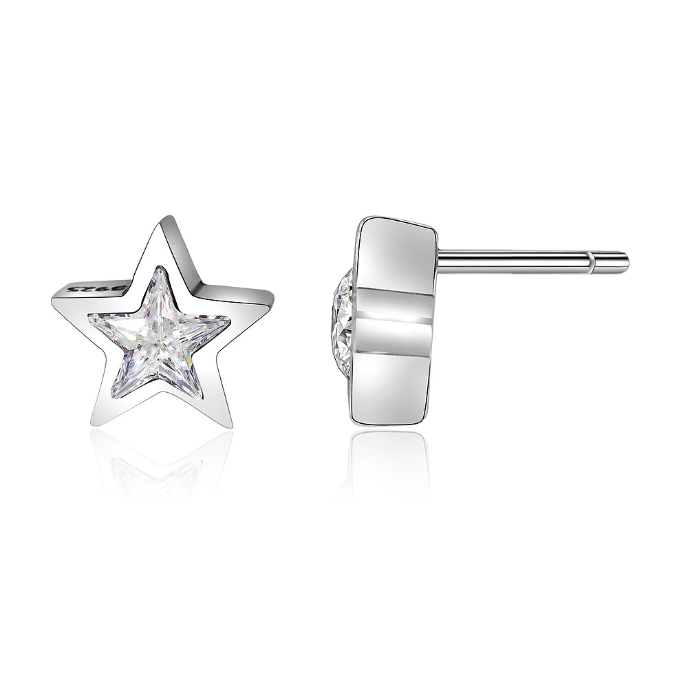 A close-up view of the silver star earring showcasing its brilliant crystal.