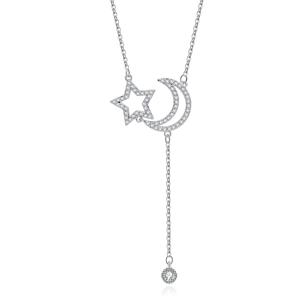 A model wearing the Moon Star Rhodium Pendant Dangle Necklace to show its scale and style.