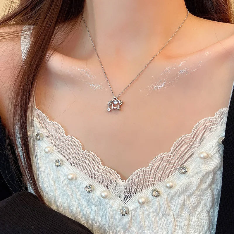 Model showcasing the elegant fit of the 925 sterling silver star choker necklace.