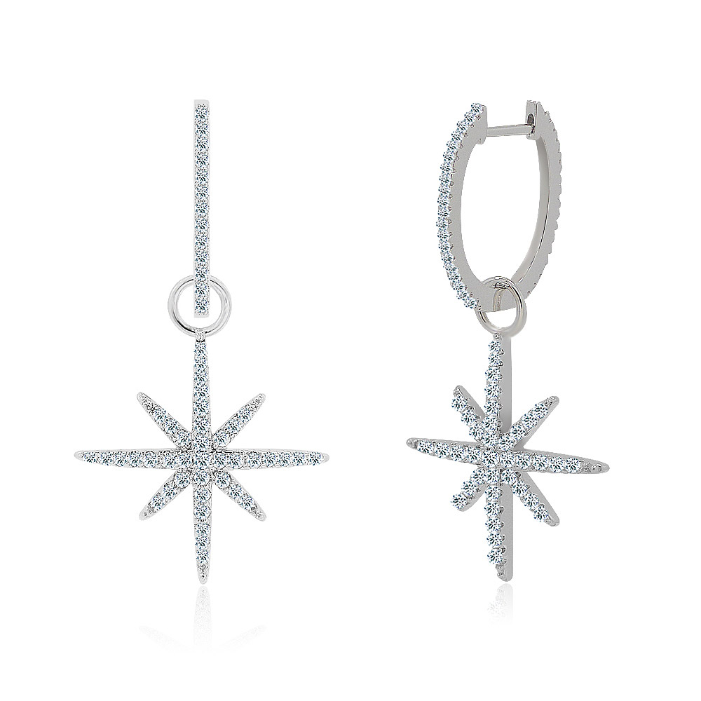 Detailed view of the Silver Pave Diamond Starburst Dangle Earring showing the hinged hoop closure