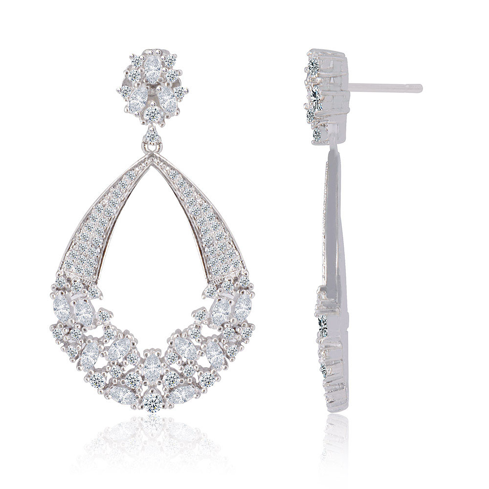Detailed view of the teardrop chandelier earrings showcasing the sparkle of the cubic zirconia