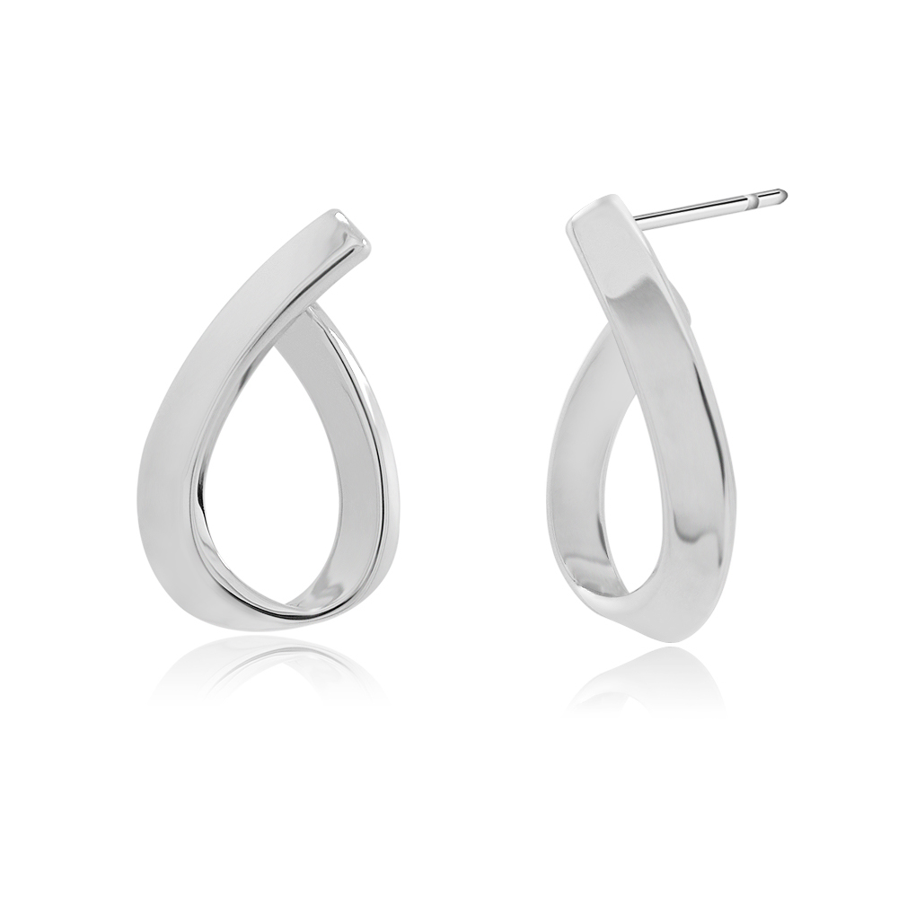 Close-up of the Oval Polished Hoops Post Earrings showcasing the rhodium plating