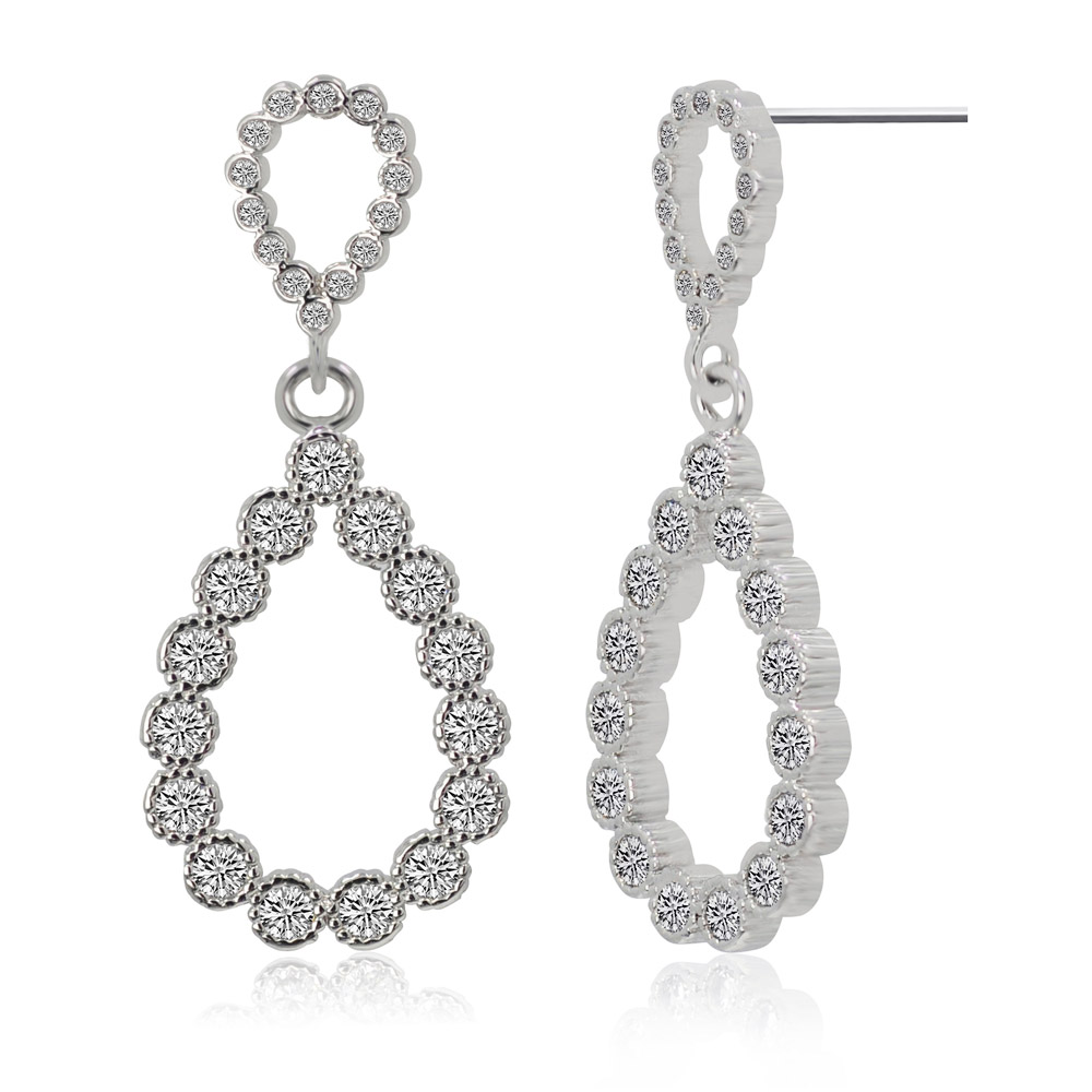 Detailed view of the bezel-set cubic zirconia on the teardrop earrings