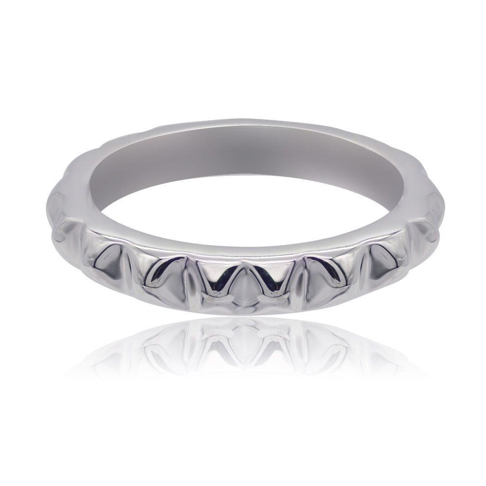 Front view of the Polished Diamond Cut Rhodium Ring with textured finish