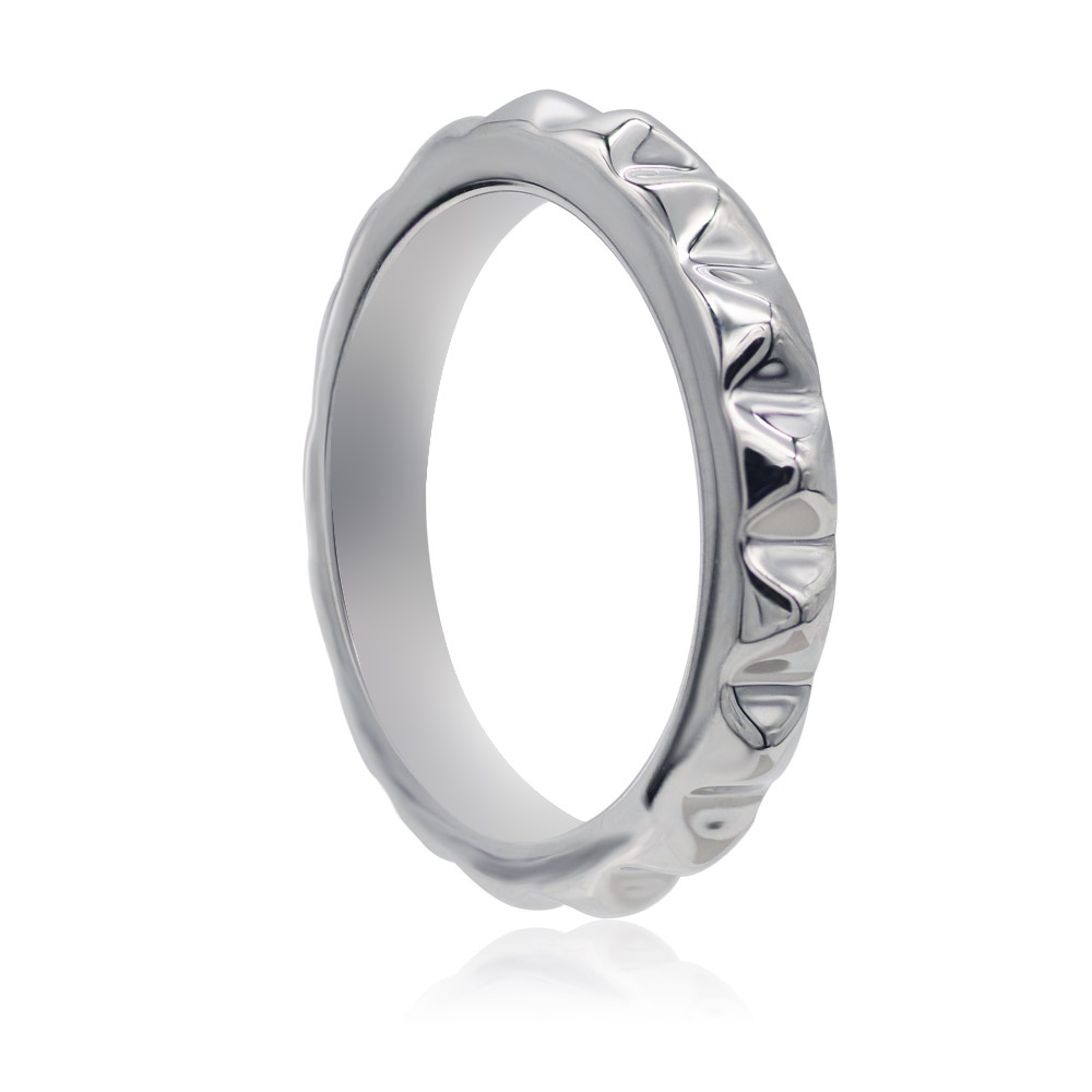Angled view of the rhodium-plated diamond cut ring