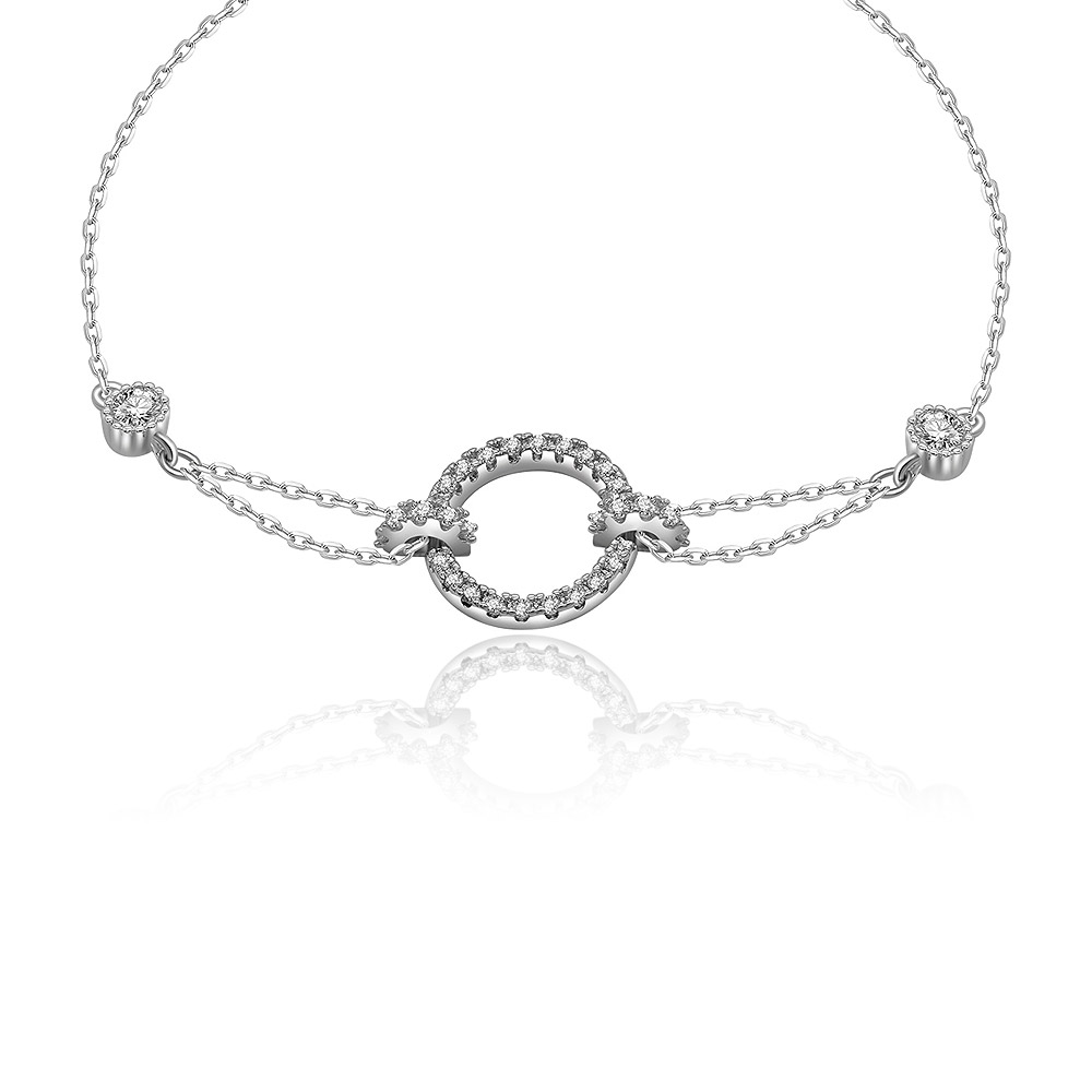 Detailed view of the bracelet's double-chain and central pendant