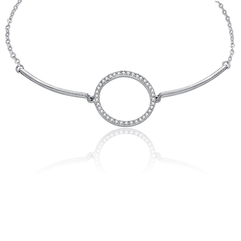 A modern and elegant silver-toned bracelet with a circular diamond centerpiece