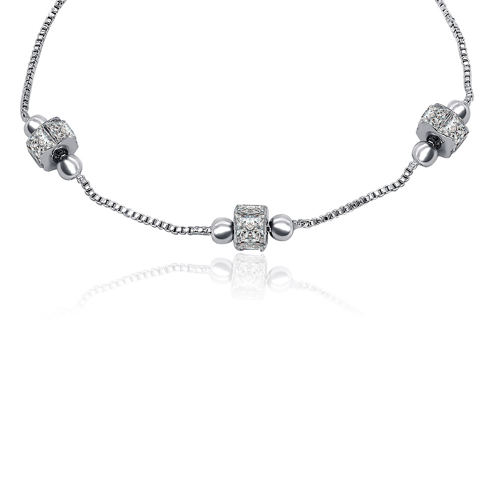 Detail of the CZ charms on the rhodium plated bracelet