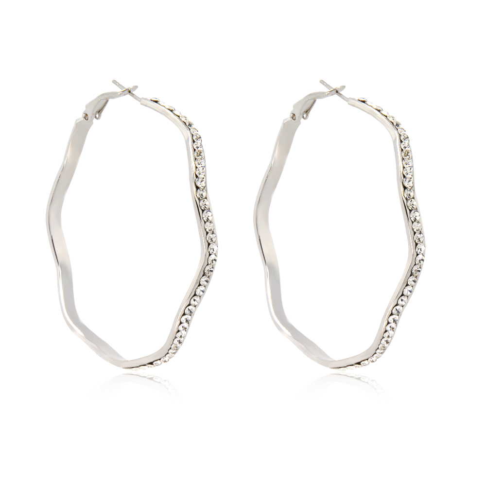 Detailed view of the wavy texture and Czech crystal setting on the Rhodium Sparkling Hoops