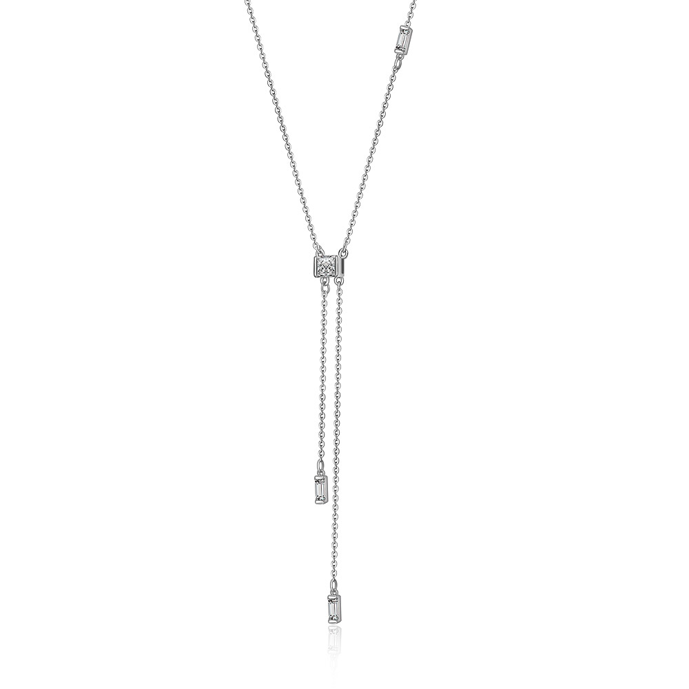 A close-up view of the sparkling CZ stone on the drop necklace