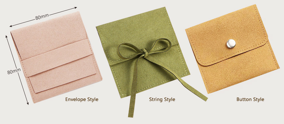 Three styles of microfiber jewelry pouches: envelope, drawstring, and button closure.