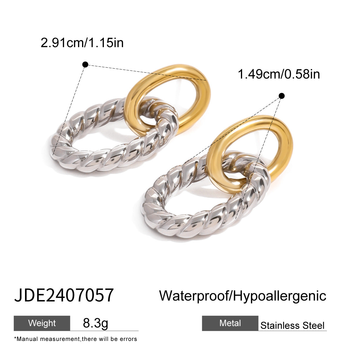 Specification chart detailing the dimensions, weight, and material properties of the two-tone oval twist earrings.