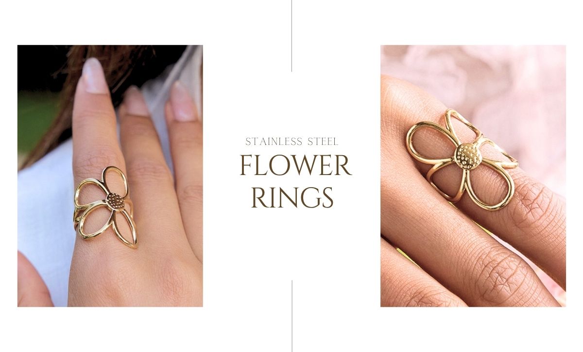 Close-up of a gold tone stacking daisy ring in stainless steel