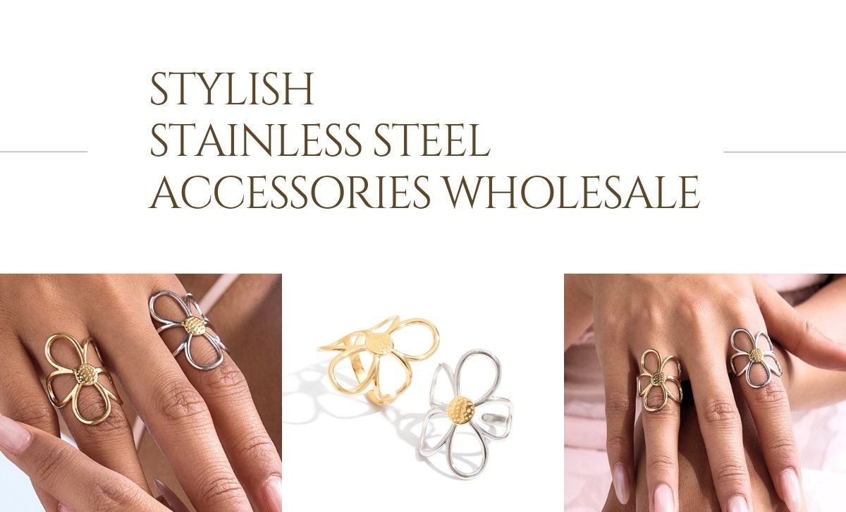 Hands wearing gold and silver stainless steel daisy rings, trendy flower design for wholesale accessory resellers